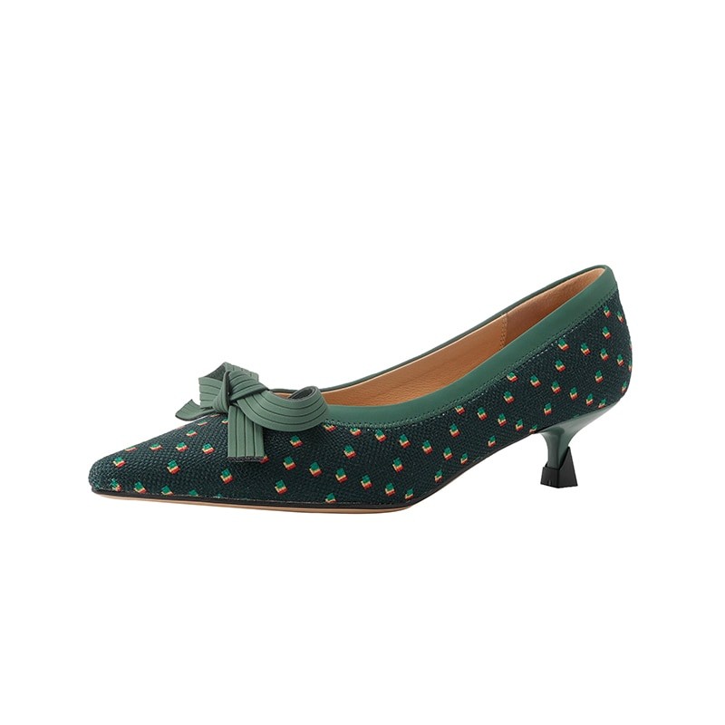 2023 new Spring women pumps natural leather 22-24.5cm Polka canvas+pigskin+sheepskin pointed toe butterfly knot women shoes