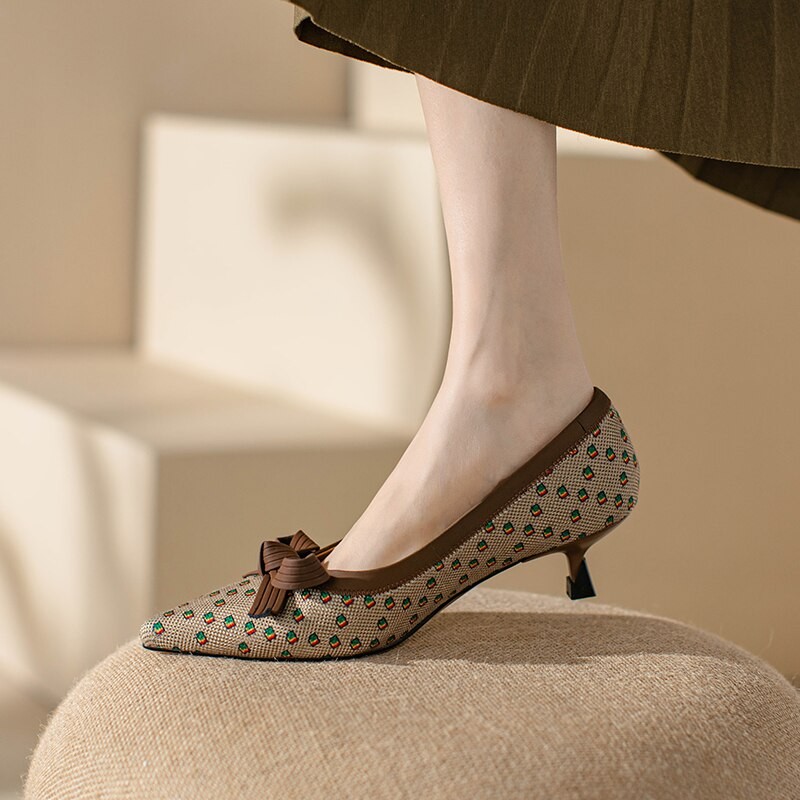 2023 new Spring women pumps natural leather 22-24.5cm Polka canvas+pigskin+sheepskin pointed toe butterfly knot women shoes