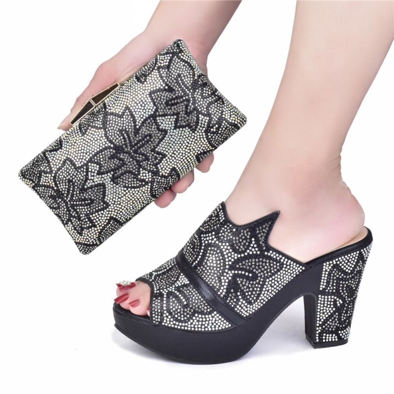 Doershow Italian Shoes and Bags to Match Shoes with Bag Set Decorated with Rhinestone Nigerian Women Wedding Shoes Set HFG1-13