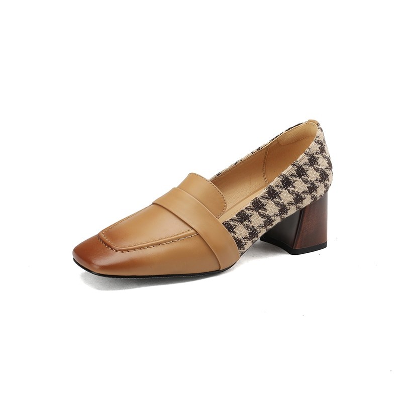 2023 new Spring women pumps natural leather plus size 22-25cm cowhide+Plaid full leather square toe thick heels women shoes