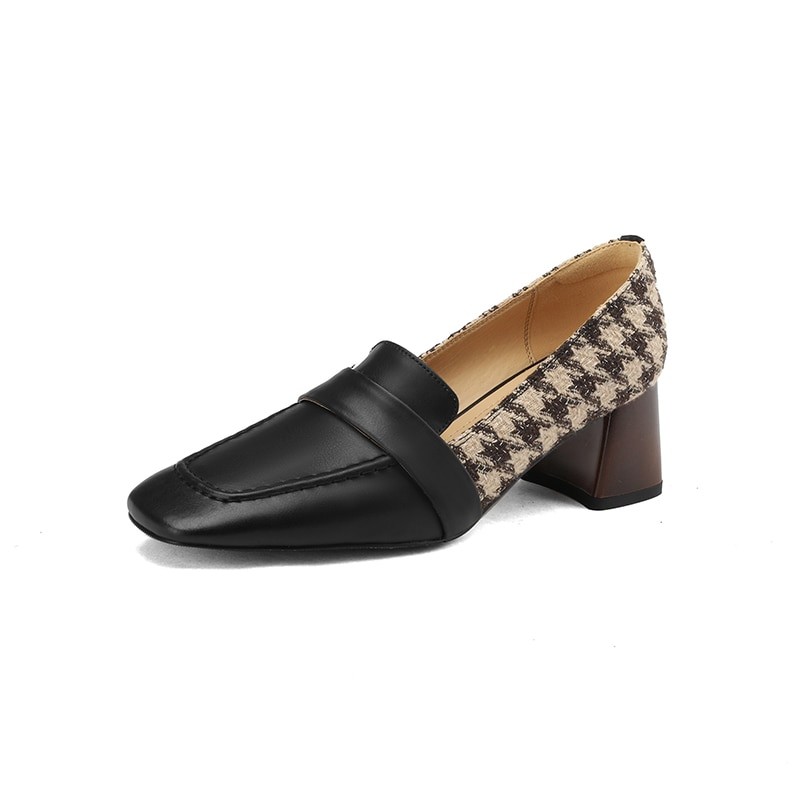 2023 new Spring women pumps natural leather plus size 22-25cm cowhide+Plaid full leather square toe thick heels women shoes