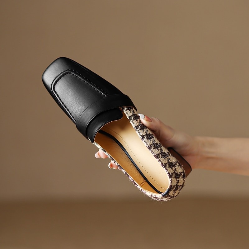 2023 new Spring women pumps natural leather plus size 22-25cm cowhide+Plaid full leather square toe thick heels women shoes