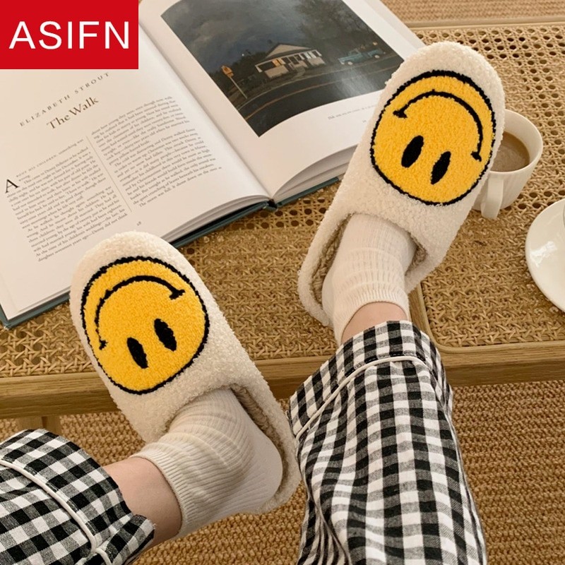 ASIFN Winter House Girls Fur Slippers Cute Smile Pattern Women's Fluffy Slippers Warm Bedroom Ladies Cotton Female Plush Shoes
