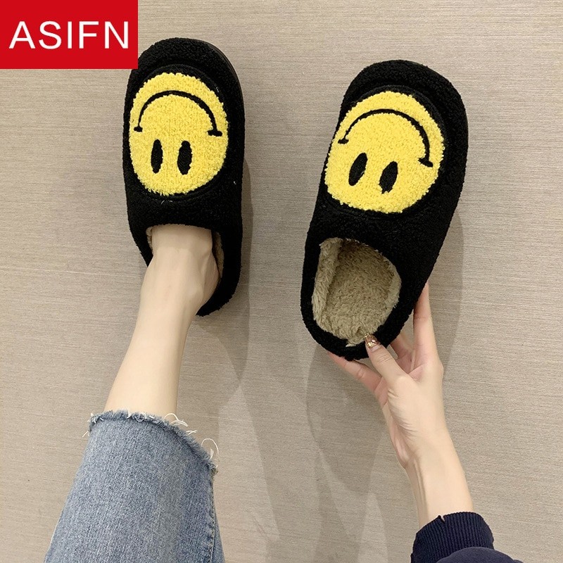 ASIFN Winter House Girls Fur Slippers Cute Smile Pattern Women's Fluffy Slippers Warm Bedroom Ladies Cotton Female Plush Shoes