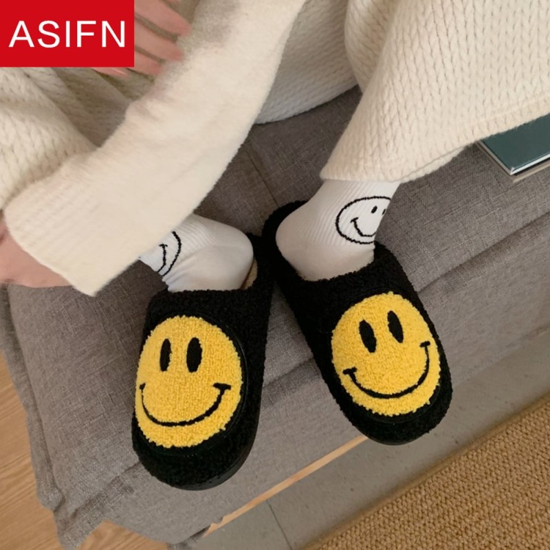 ASIFN Winter House Girls Fur Slippers Cute Smile Pattern Women's Fluffy Slippers Warm Bedroom Ladies Cotton Female Plush Shoes