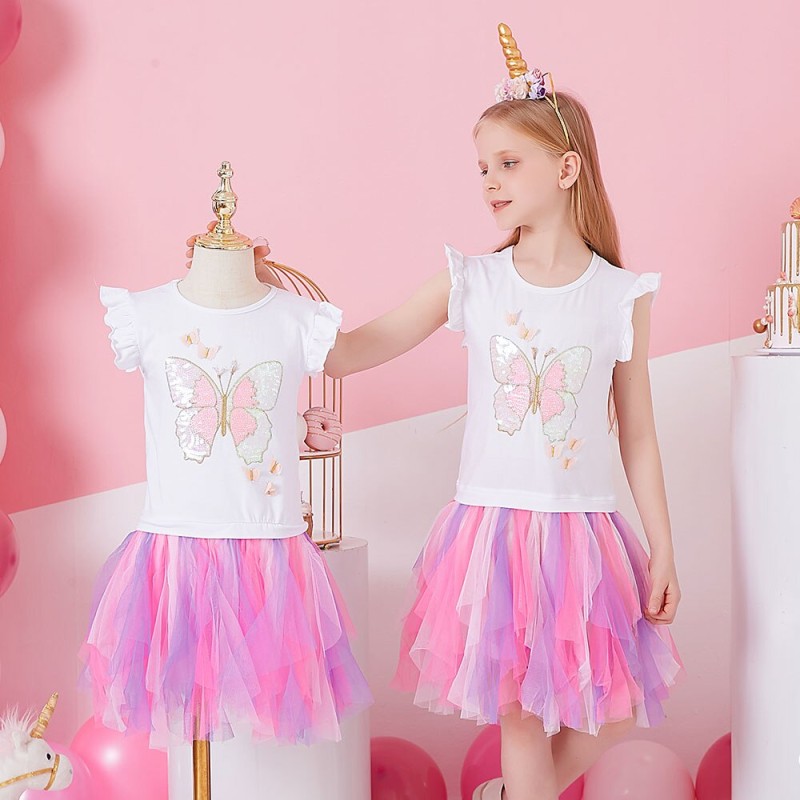 VIKITA Princess Dresses For Girls Children Butterfly Sequin Vestidos Kids Tutu Dresses Toddlers Summer Sleeveless Dress 3-8Y