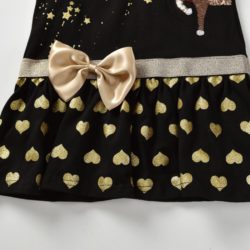 VIKITA Girls Dress Kids Elk Reindeer Sequins Appliqued Dresses Long Sleeve Dress with Bow Knot Kids Cotton Children Clothes
