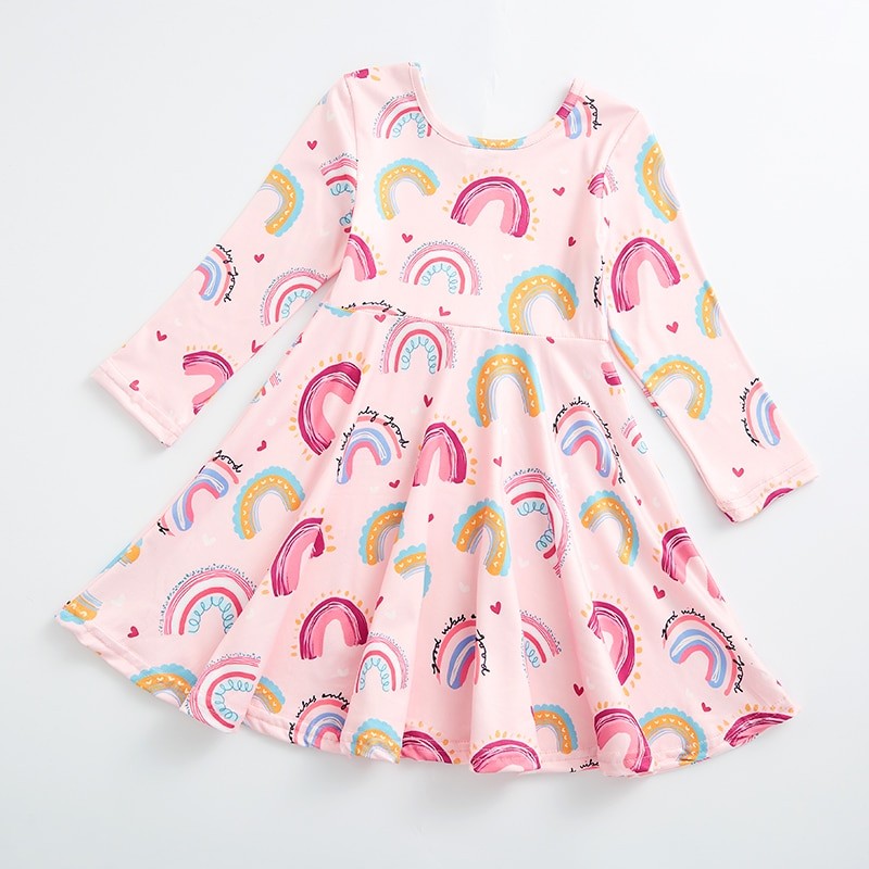 Girlymax Spring Baby Girls Kids Love Heart Cat Rainbow Print Knee Length Short Sleeve Milk Silk Dress
