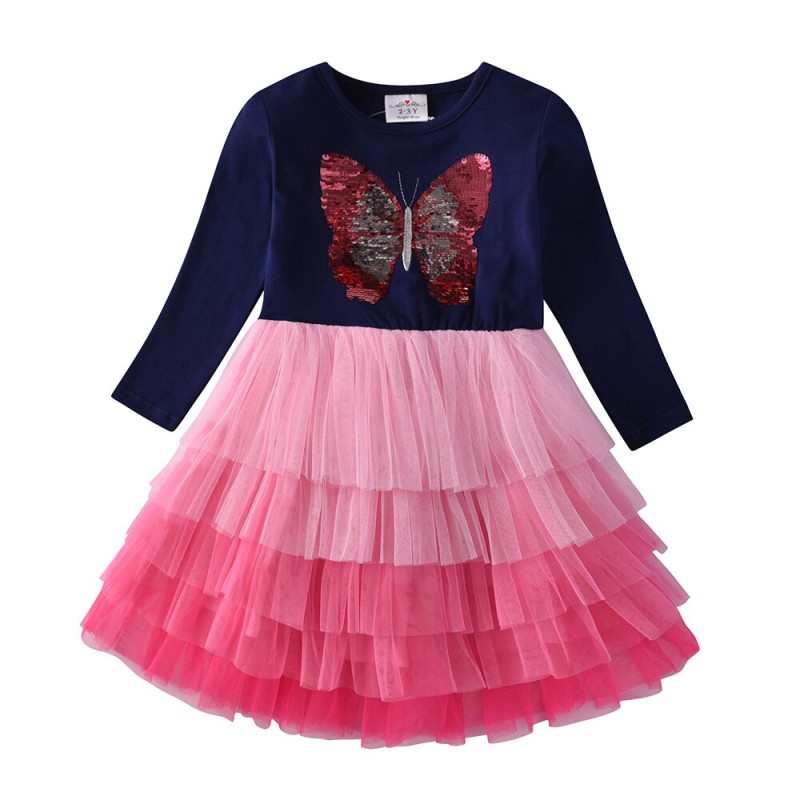 VIKITA Girls Butterfly Dress Children Wedding Party Princess Dress Clothes Long Sleeves Dresses Children Tutu Vestidos 3-12T