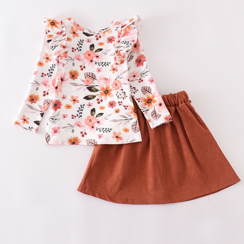 Girlymax Winter/Spring Baby Girls Long Sleeve Floral Shirt with Rib Skirt Set KidsClothing