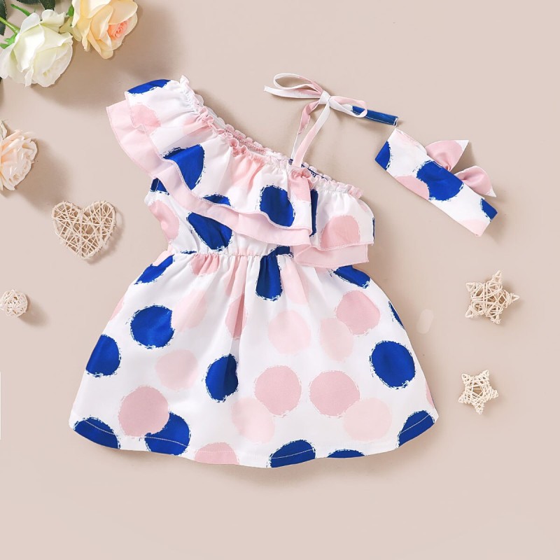Kids Girl Dress Toddler Baby Girl Pink Polka Dot Print Strap Holiday Party Dress with Headband 2PCS Outfit