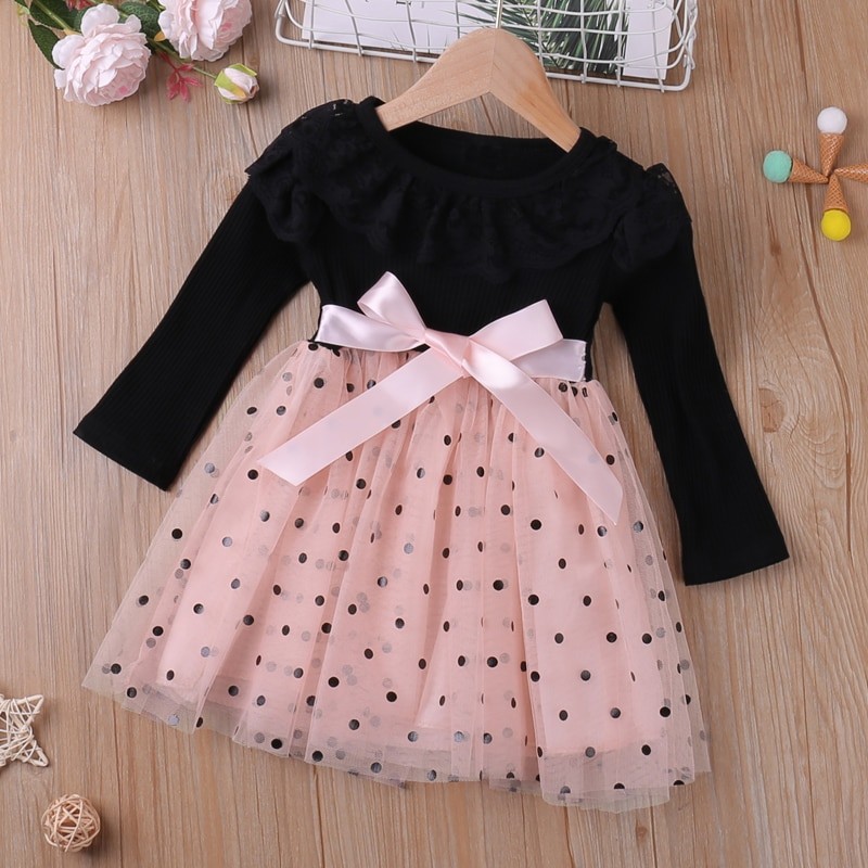 Humor Bear Girls  Long Sleeve Dress Autumn New Lace Collar  Mesh Yarn Patchwork Princess  Dress Toddler Kids Clothes