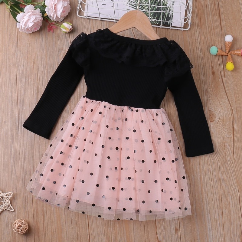 Humor Bear Girls  Long Sleeve Dress Autumn New Lace Collar  Mesh Yarn Patchwork Princess  Dress Toddler Kids Clothes