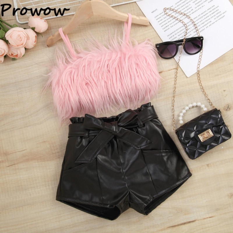 Prowow 1-6Y Fashion Kids Clothes Girls Outfit Sets Plush Camisole Top+PU Leather Shorts+Belt Children Baby Sets For Girls