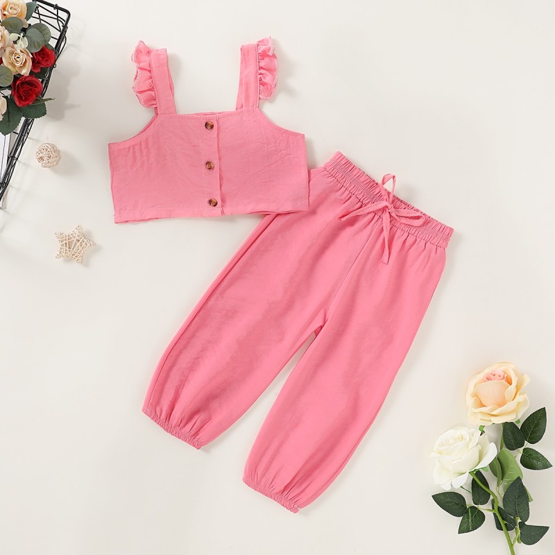 Kids Baby Girl Summer Clothes Sleeveless Ruffle Button Tank Tops Drawstring Long Pants Fashion Children Outfits Clothes