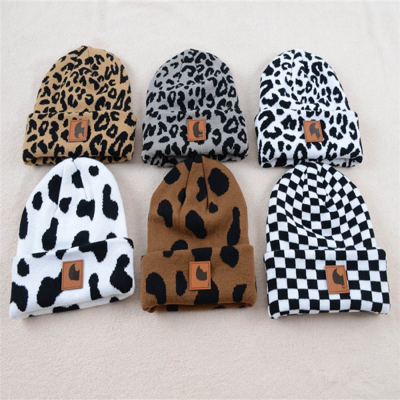 Unisex Adult Leopard Cowprint Beanies Knit Hat Double Layer Wool Cap Hat Warm Winter Knit Cap Authentic Mens Lady