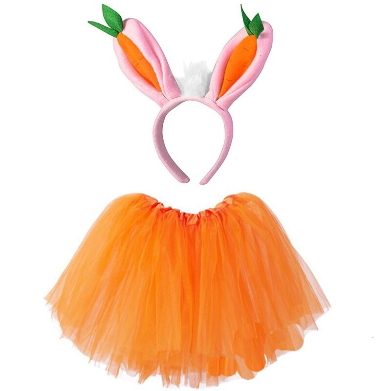 Women Adult Easter Cosplay Costume Set Layered Tulle Orange Tutu Skirt Bunny Ears Carrot Rabbit Headband Set