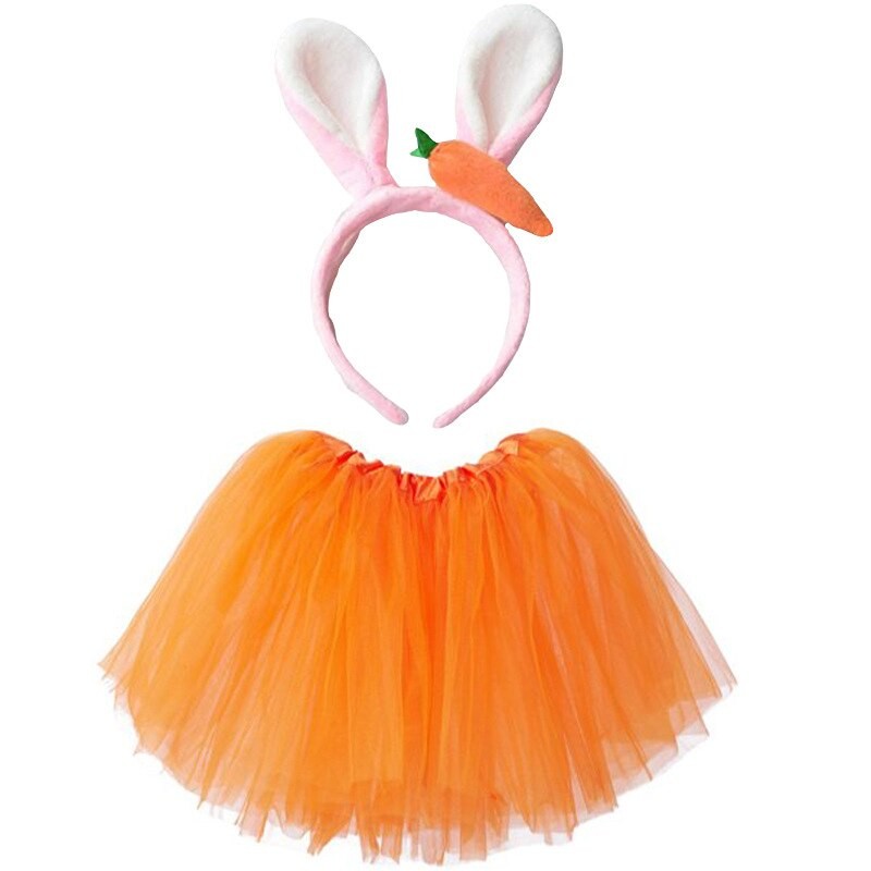 Women Adult Easter Cosplay Costume Set Layered Tulle Orange Tutu Skirt Bunny Ears Carrot Rabbit Headband Set