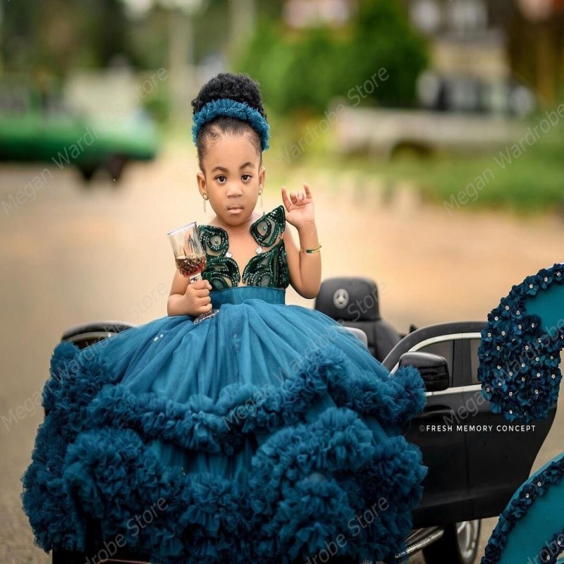 Puffy A Line Tulle Ruffles African Kids Dresses Sheer Mesh Top Sequins Appliques Dress For Girls Birthday Party Wear 2023