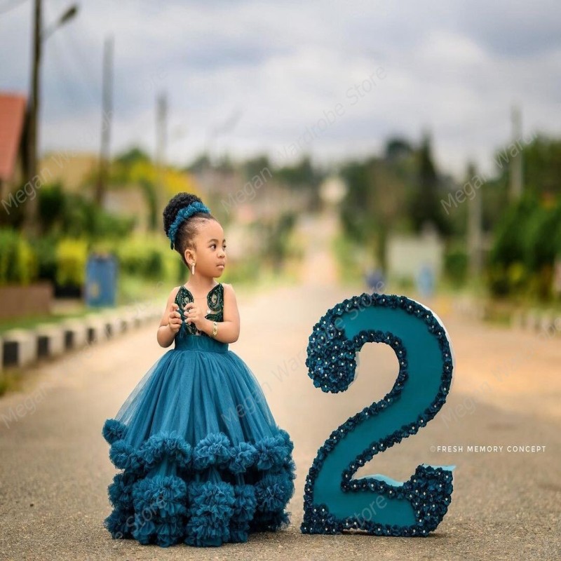 Puffy A Line Tulle Ruffles African Kids Dresses Sheer Mesh Top Sequins Appliques Dress For Girls Birthday Party Wear 2023