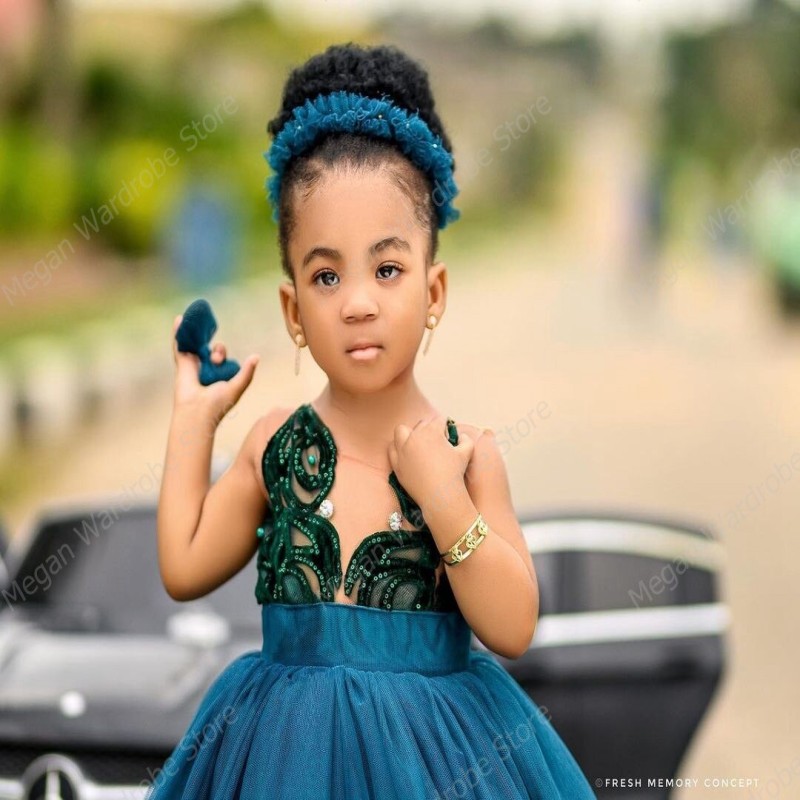 Puffy A Line Tulle Ruffles African Kids Dresses Sheer Mesh Top Sequins Appliques Dress For Girls Birthday Party Wear 2023