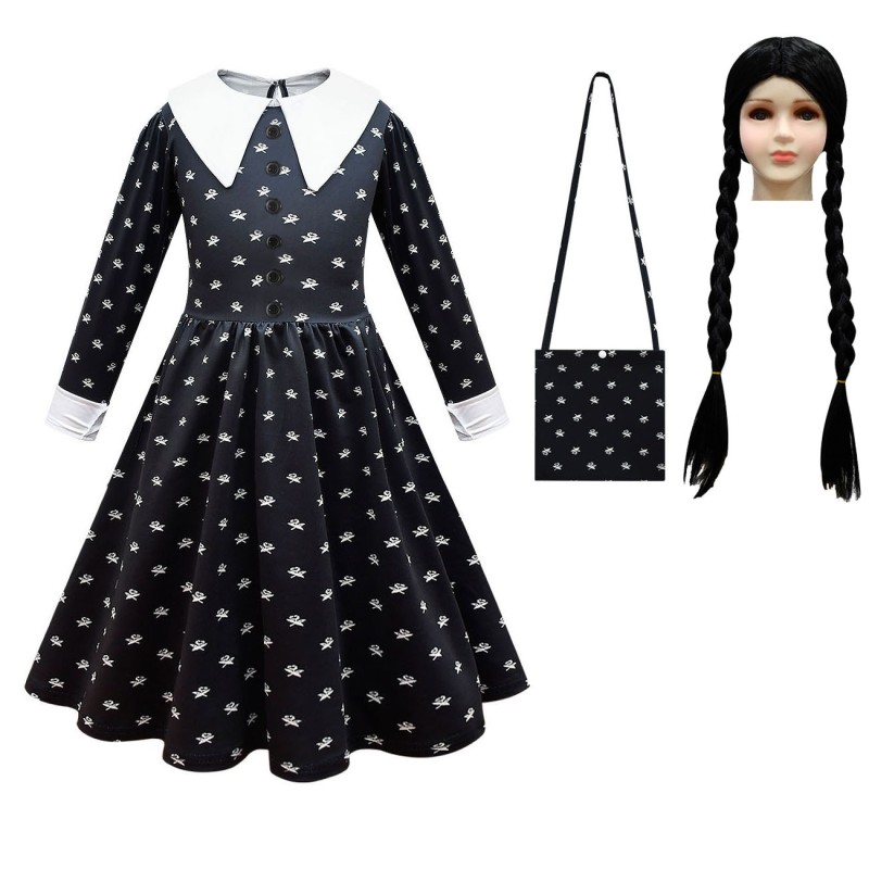 Addams Family Role Cosplay Costume Wednesday Dress Wig Hair Girls Vintage Gothic Outfits Halloween Carnival Clothing