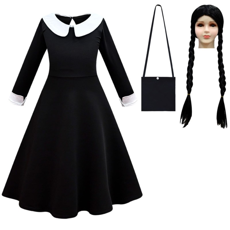 Addams Family Role Cosplay Costume Wednesday Dress Wig Hair Girls Vintage Gothic Outfits Halloween Carnival Clothing