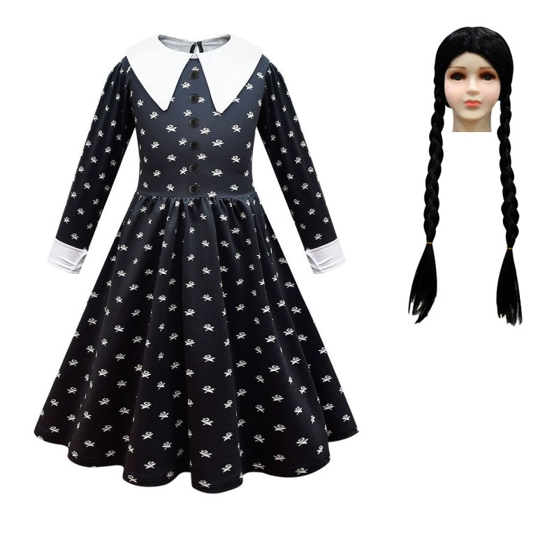 Addams Family Role Cosplay Costume Wednesday Dress Wig Hair Girls Vintage Gothic Outfits Halloween Carnival Clothing