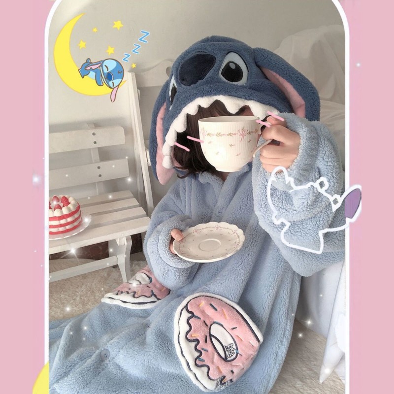 Lilo &amp; Stitch  One-piece Pajamas Set Autumn and Winter Cute Couple Adult Thickened Male Coral Velvet Home Suit Female