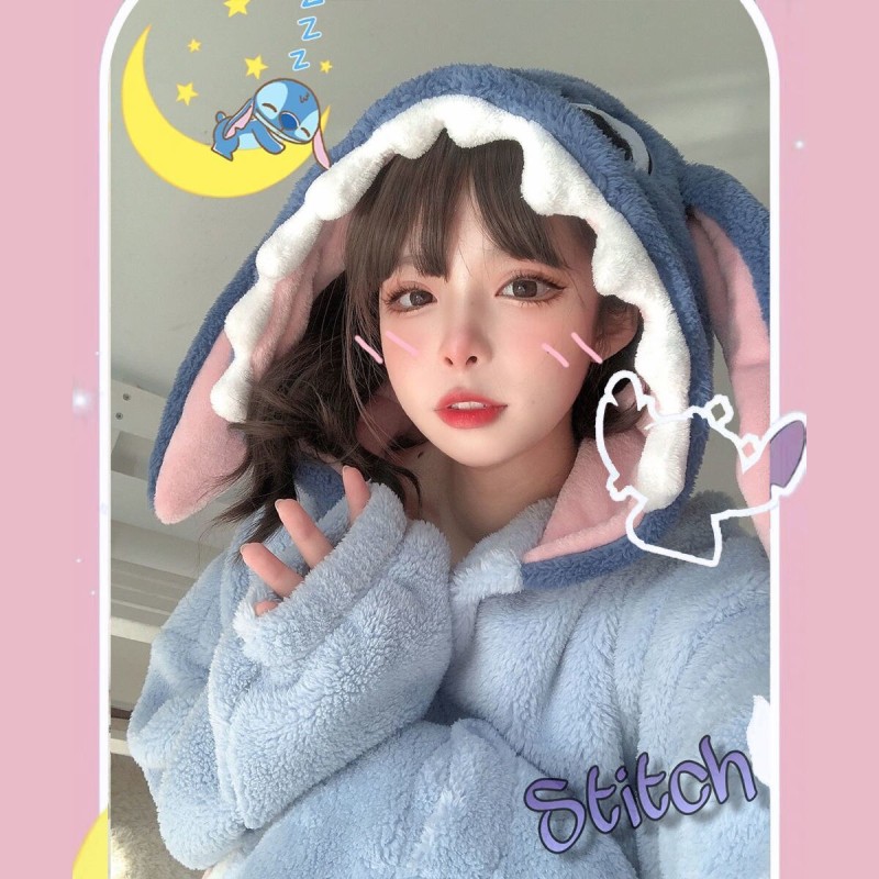 Lilo &amp; Stitch  One-piece Pajamas Set Autumn and Winter Cute Couple Adult Thickened Male Coral Velvet Home Suit Female