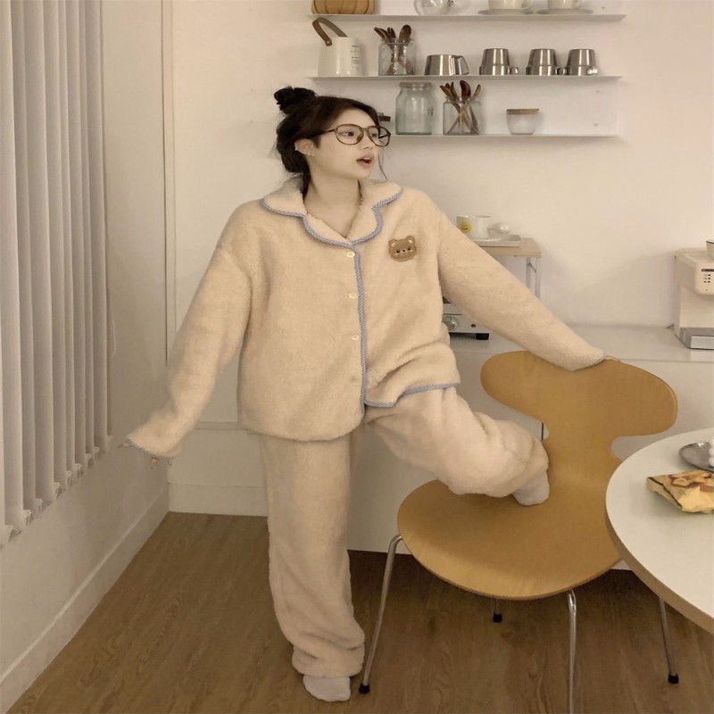 Pajamas women ins autumn and winter lapel lapel blue wrapped bear embroidery warm coral fleece pajamas home wear women sleepwear