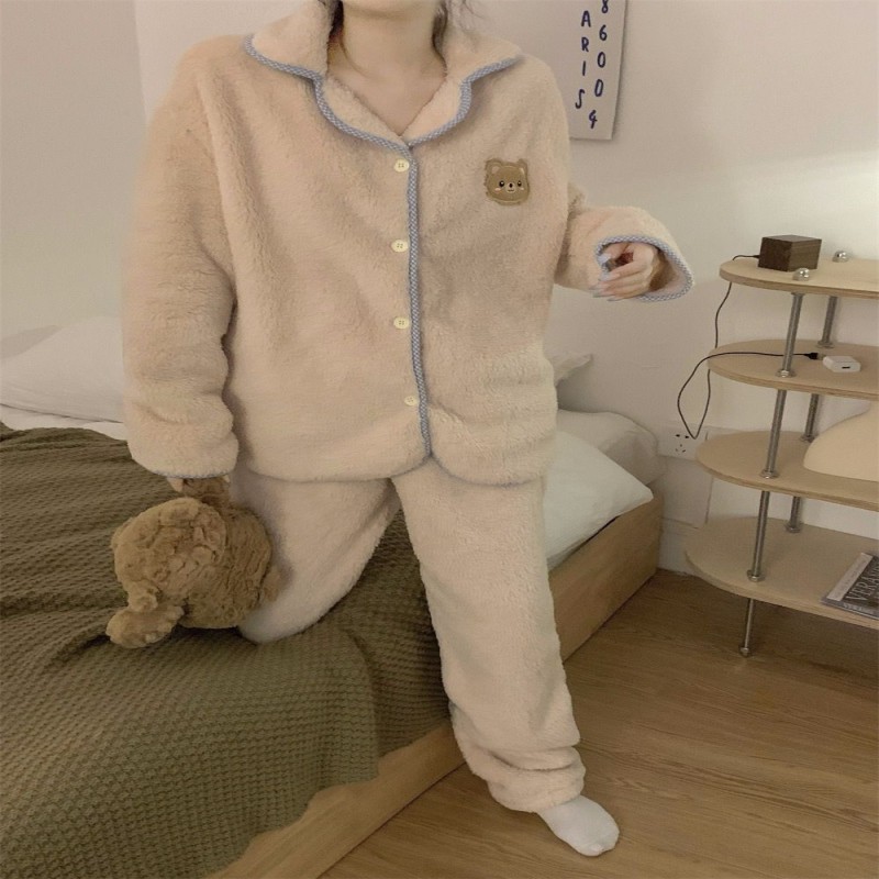 Pajamas women ins autumn and winter lapel lapel blue wrapped bear embroidery warm coral fleece pajamas home wear women sleepwear