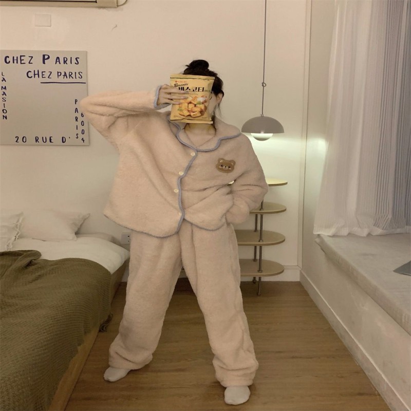 Pajamas women ins autumn and winter lapel lapel blue wrapped bear embroidery warm coral fleece pajamas home wear women sleepwear