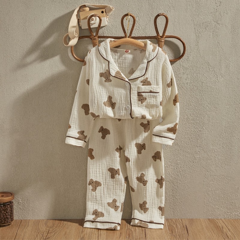 EWODOS 1-6 Years Toddler Baby Kids Unisex Casual Pajama Suit Cartoon Bear Print Long Sleeve Front Pocket Lapel Tops+ Long Pants