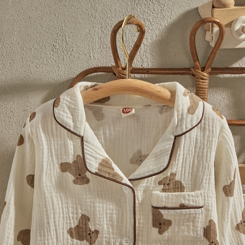 EWODOS 1-6 Years Toddler Baby Kids Unisex Casual Pajama Suit Cartoon Bear Print Long Sleeve Front Pocket Lapel Tops+ Long Pants