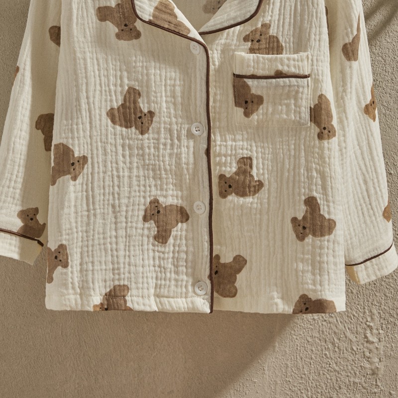 EWODOS 1-6 Years Toddler Baby Kids Unisex Casual Pajama Suit Cartoon Bear Print Long Sleeve Front Pocket Lapel Tops+ Long Pants