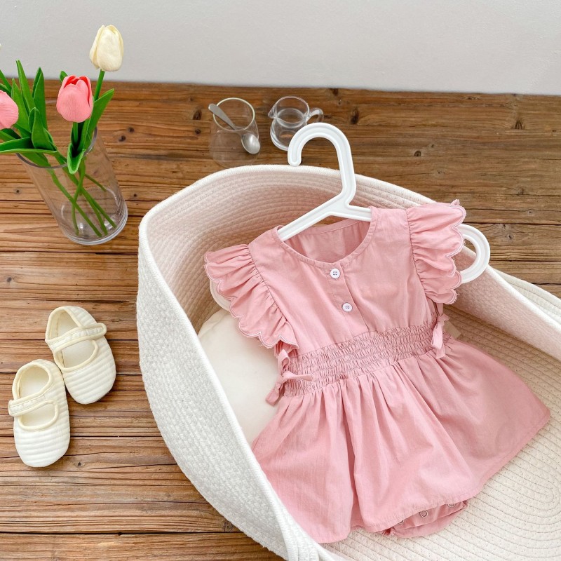 baby new born clothes baby rompers solid color pointelle summer cotton pink newborn baby girl romper Flying sleeve