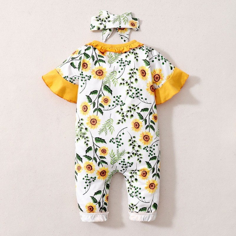 Newborn Baby Girls Sunflower Floral Ruffle Sleeve Jumpsuit + Headband Festival Costumes for 3-18Months Baby Girl Bodysuit