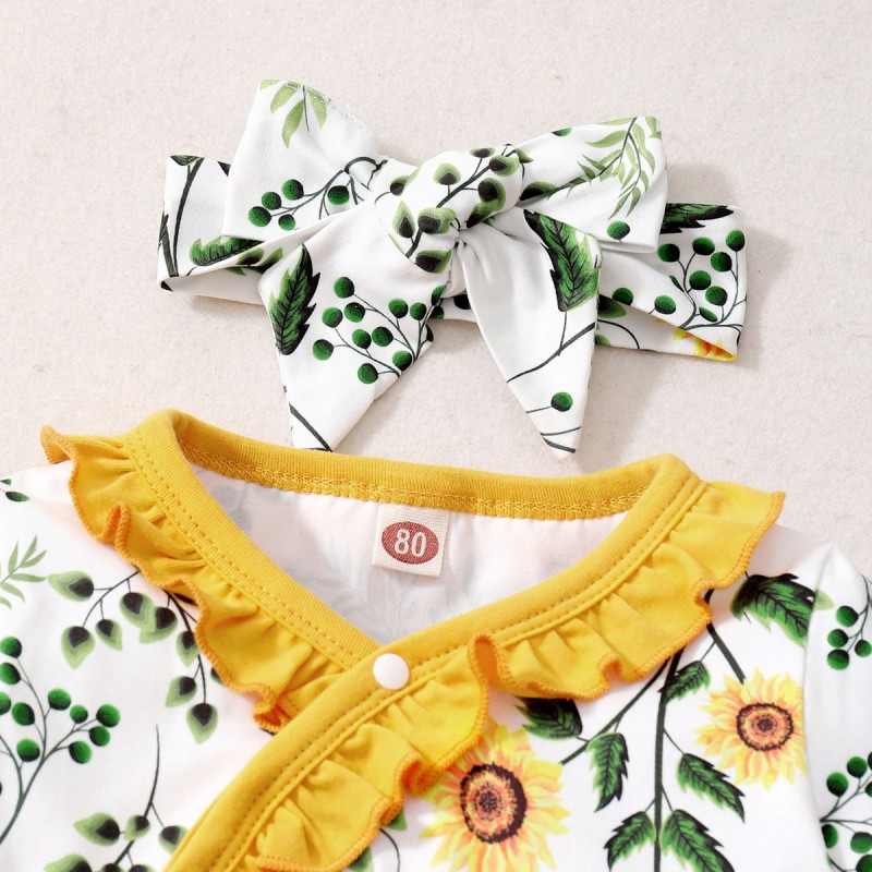 Newborn Baby Girls Sunflower Floral Ruffle Sleeve Jumpsuit + Headband Festival Costumes for 3-18Months Baby Girl Bodysuit