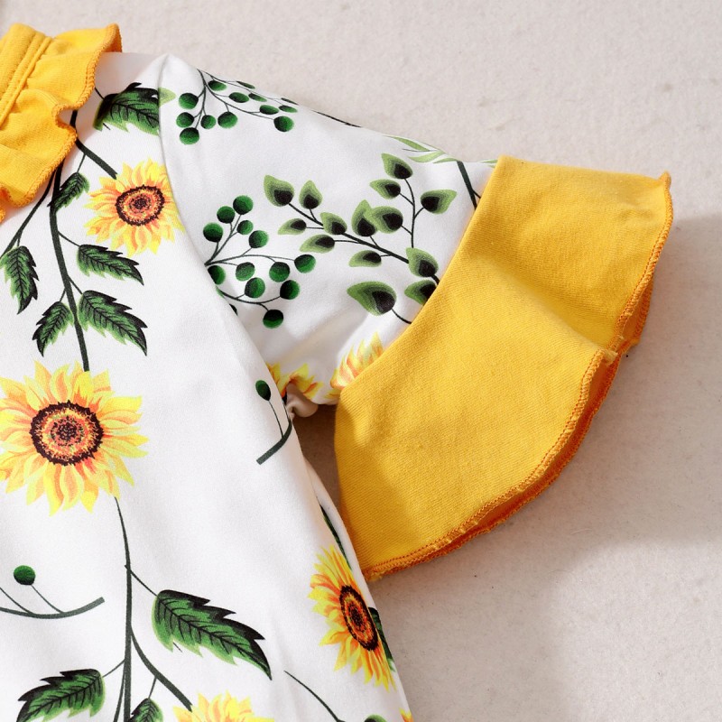 Newborn Baby Girls Sunflower Floral Ruffle Sleeve Jumpsuit + Headband Festival Costumes for 3-18Months Baby Girl Bodysuit