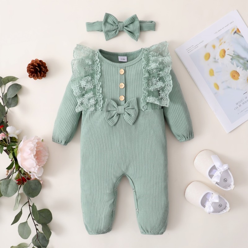 0-18 Months Baby Girl Bodysuit Newborn Baby Girl Clothes Solid Lace Long Sleeves Romper Infant Girl Leisure Jumpsuit Outfit