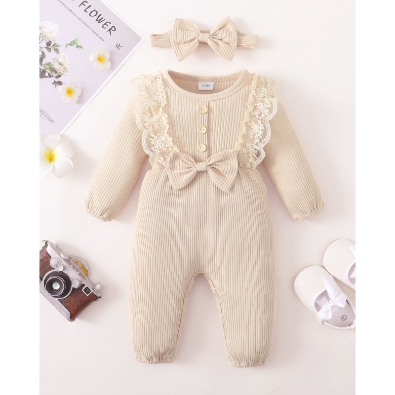 0-18 Months Baby Girl Bodysuit Newborn Baby Girl Clothes Solid Lace Long Sleeves Romper Infant Girl Leisure Jumpsuit Outfit