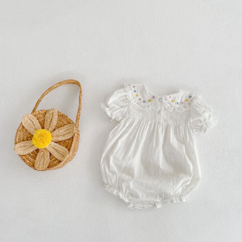 Summer Infant baby embroidered lace breathable baby clothes female baby short sleeved girl summer romper fkiwer Khaki