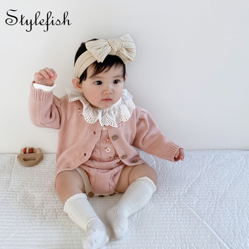 spring and autumn children baby girl knitted embroidered sweater coat + twist romper creeper suit set winter