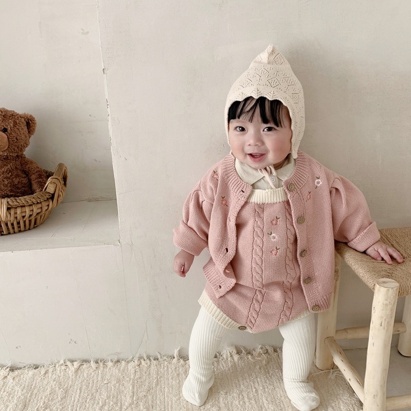 spring and autumn children baby girl knitted embroidered sweater coat + twist romper creeper suit set winter