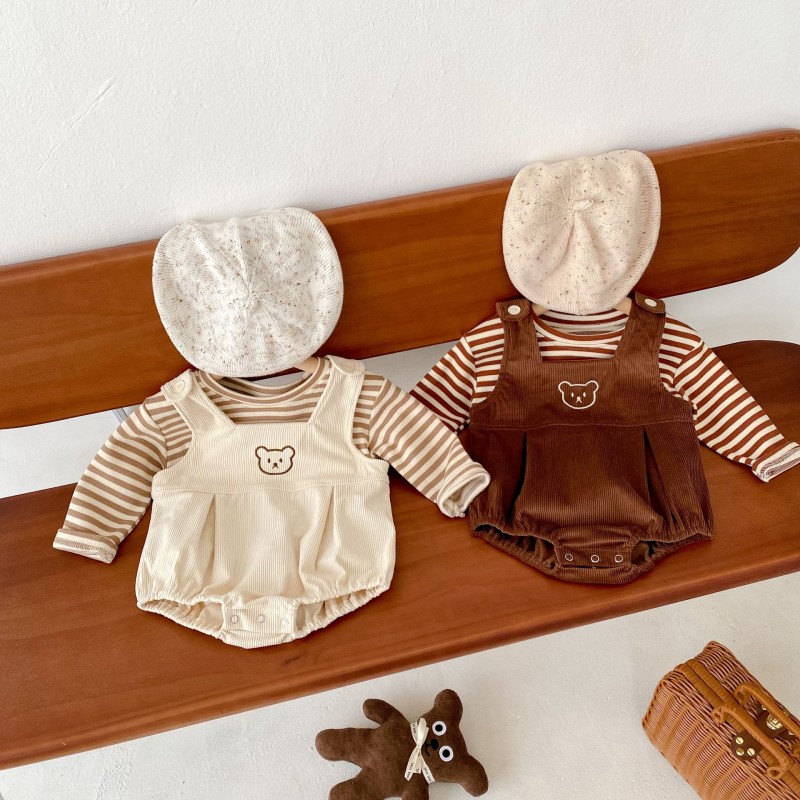 2022 spring all-cotton striped T-shirt for boys and girls + little bear embroidered strap romper triangle romper two-piece suit