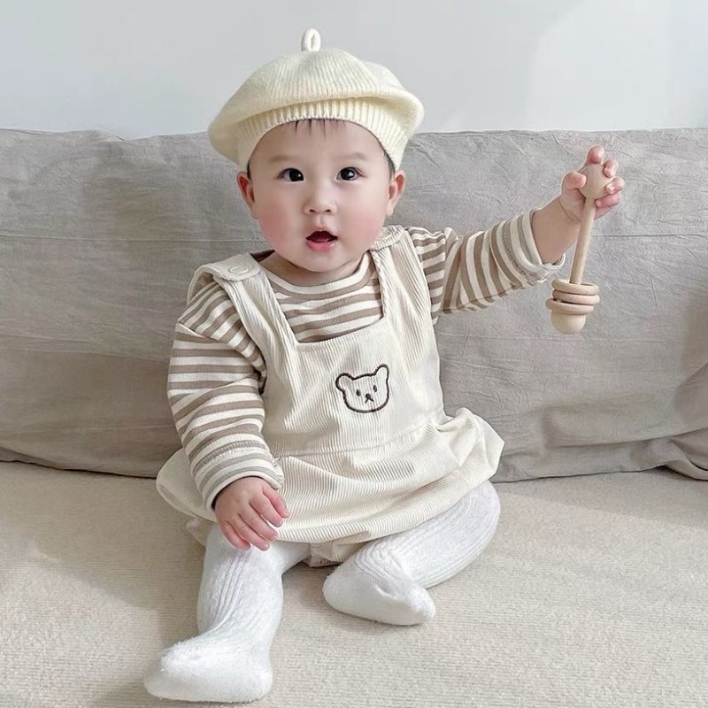 2022 spring all-cotton striped T-shirt for boys and girls + little bear embroidered strap romper triangle romper two-piece suit