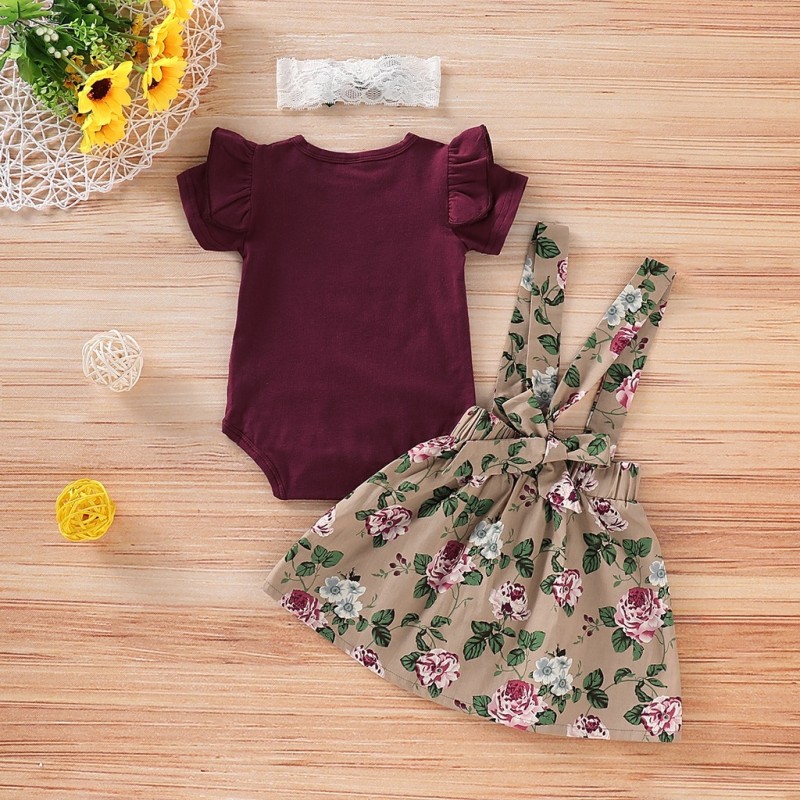 Newbornt Toddler Baby Girl Clothes Set Short Sleeve Cotton Romper Top + Suspender Skirt with Headband Summer 3PCS Outfit