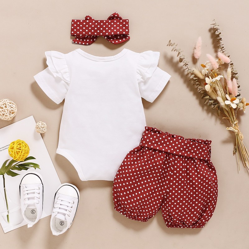 0-18 Months Baby Girls Clothes Romper Dot Pant with Elastic Waistband and Dot Headband with Bowknot 3Pcs Casual Outfits Set