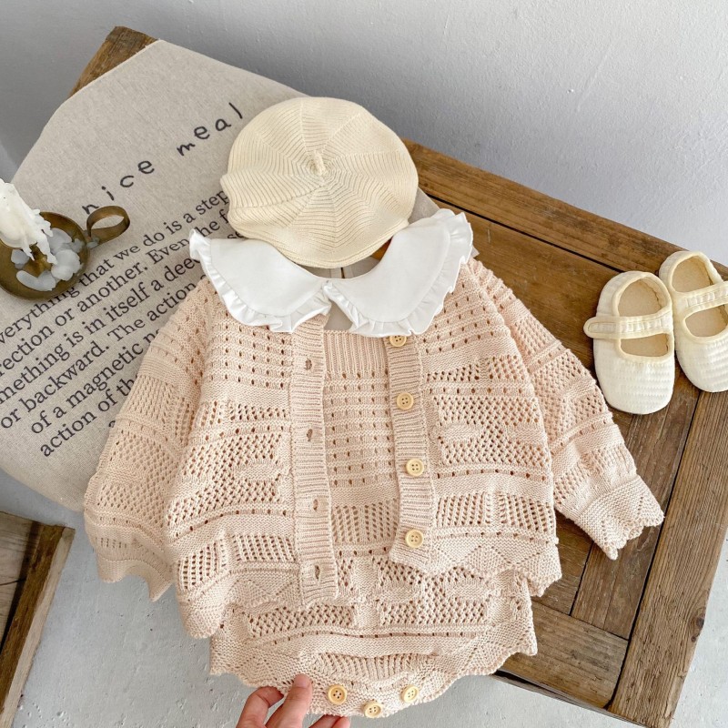 Spring infant clothes baby girl romper Baby knitted hollow pattern sweater 2 piece suit sets newborn jacket romper